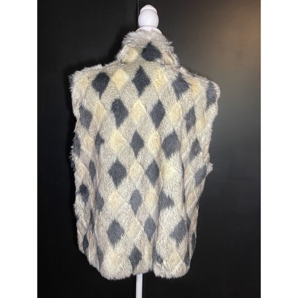 Pamela McCoy Vest Faux Fur Checkered Beige Black Gray Boho Pockets Woman's L - Picture 4 of 13